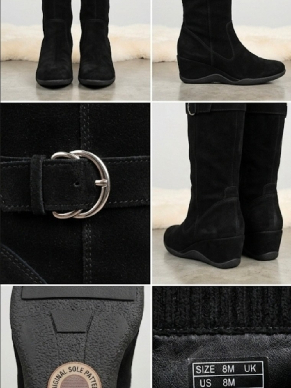 Anne Klein Black Suede KNEE-HIGH Wedge Boots with Silver Buckle